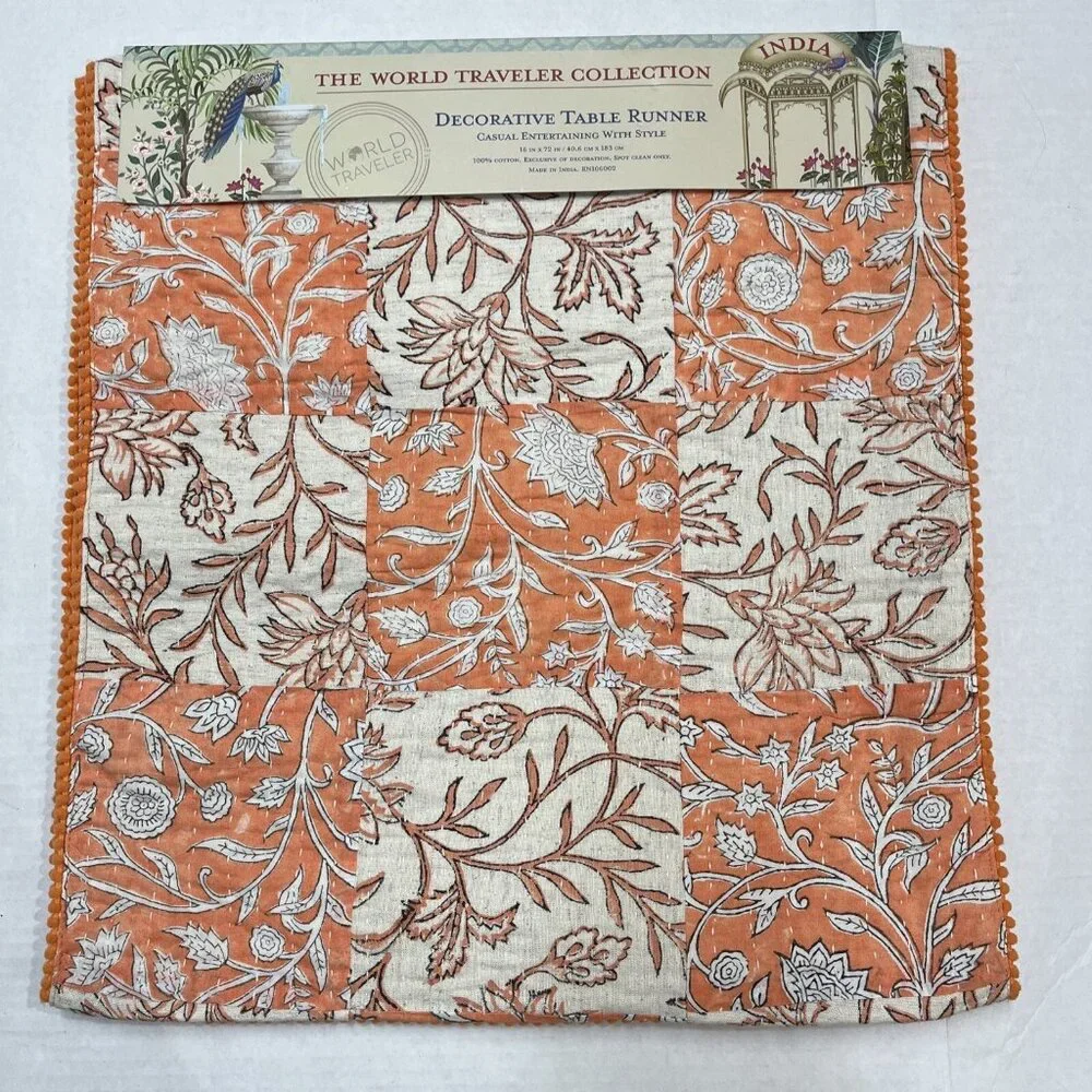 World Traveler Table Runner Muted Orange‎ Cream Floral Patchwork 16x72 Boho